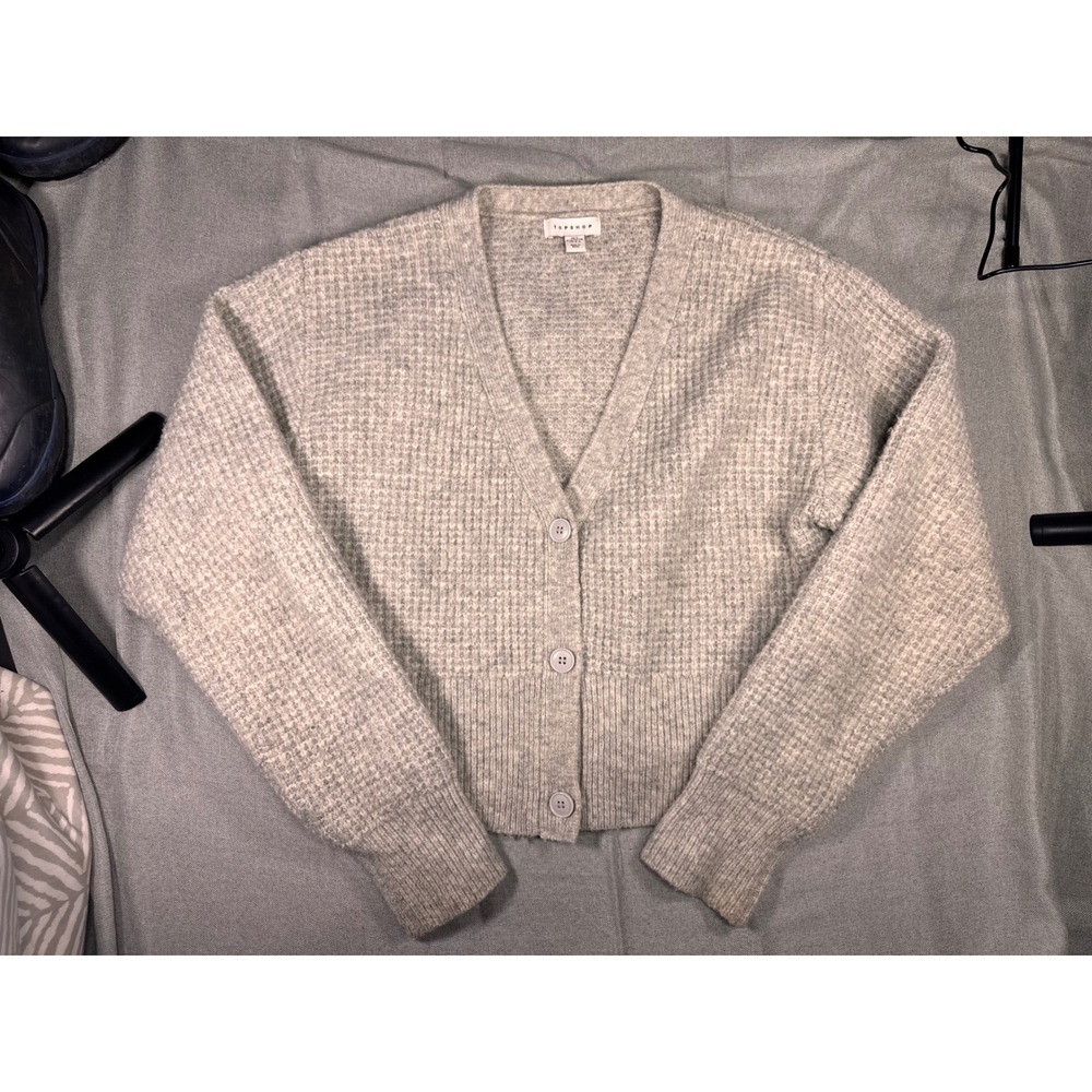 Topshop Gray Waffle Knit Cardigan Sweater Womens Small V-Neck‎ Button Front Cozy